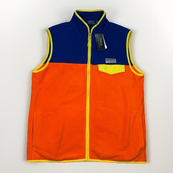 NWT Polo Ralph Lauren Color Blocked Brushed Fleece Vest Men's Size M Orange Blue - Picture 2 of 9